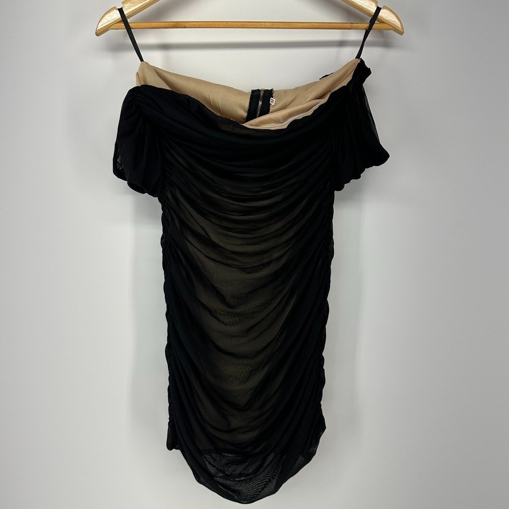 Unbranded Ruched Mesh Dress Womens M Black Off Shoulder Bodycon Cocktail Chic